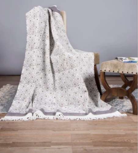 White & Grey Block Printed Jaipuri Cotton Throws
