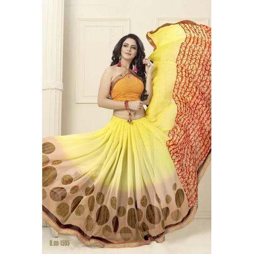 Lemoni yellow Georgette Printed saree by Laxmipooja Textiles