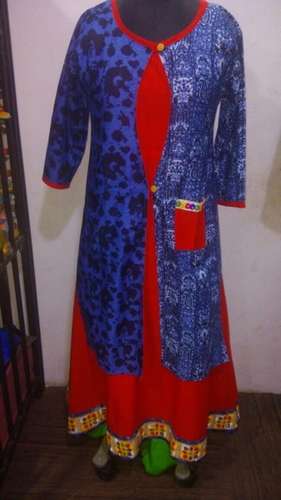 Party wear Red and Blue Jacket Style Kurti by ACS Impex