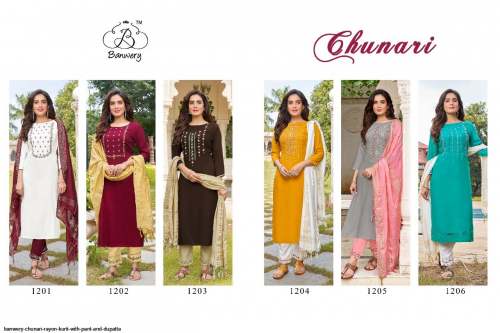 CHUNARI RAYON KURTI WITH PANT AND DUPATTA BANWERY by Banwery fashion