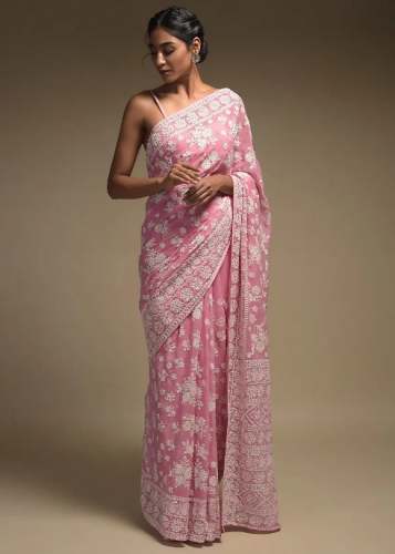 Rose Pink Color Lucknowi Saree by Kalki Fashion