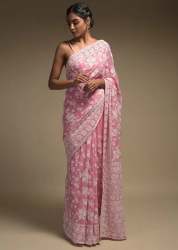 Rose Pink Color Lucknowi Saree
