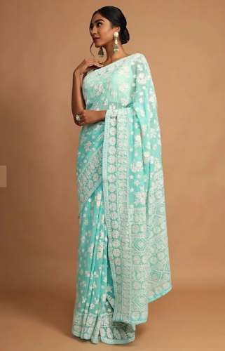 Sky Blue Lucknowi Saree by Kalki Fashion