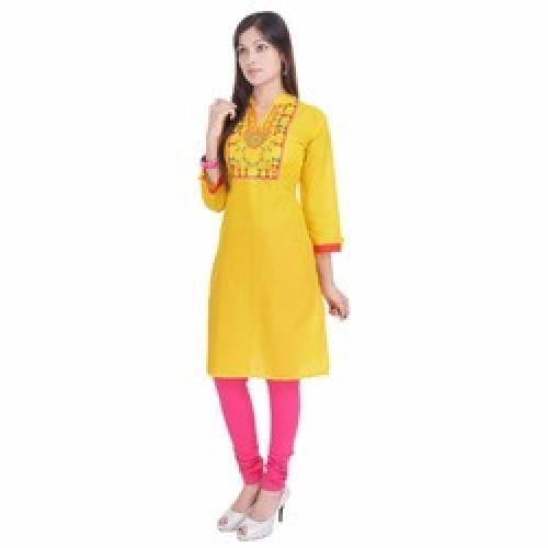 Yellow Designer Neck Cotton Kurtis
