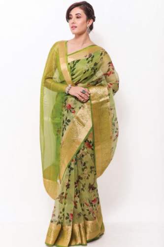 Green Organza printed saree