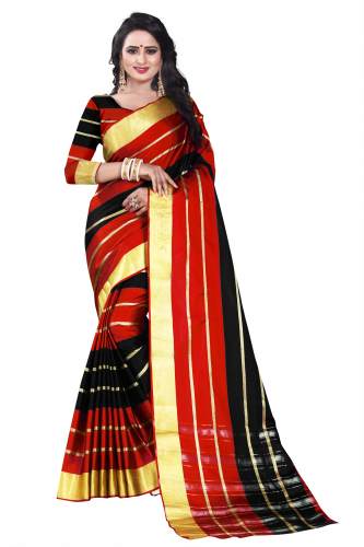 Nitya Black And Red Cotton Silk Saree