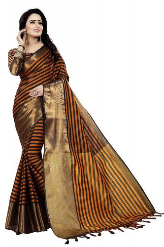 Yellow And Black Cotton Silk Saree