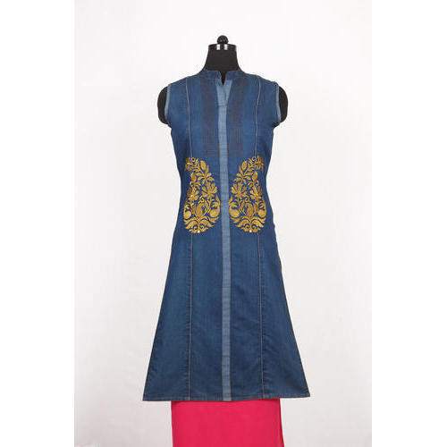 Embroidered Sleeveless Denim Kurtis