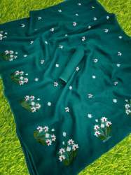 Beautiful Flower Embroidery Work Linen Saree