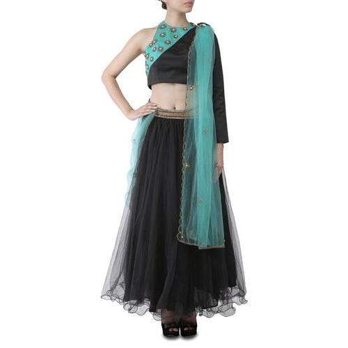 Black And Mint One Sleeve Lehenga