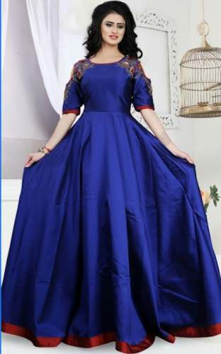 Plain Blue Taffeta Silk Gown by Manbhavan fashion