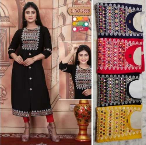 	multi color Reyon Embroidery Designer Kurtis  by Kalash Creation