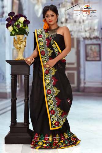 Black Cotton Silk Embroidered Mekhela Chadar