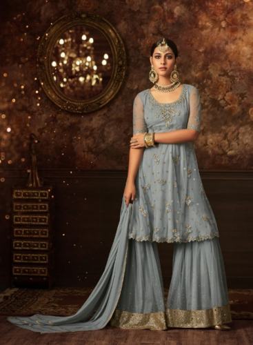 Blue Net Embroidery Work With Designer Sharara