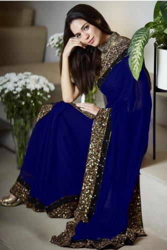 Designer Blue Georgette Embrodary Work Saree