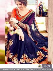 Designer Blue Color Georgette Embrodary Work Saree