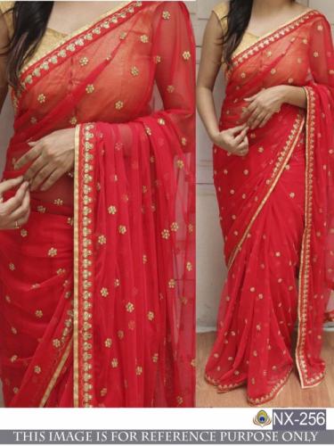 Designer Orange Georgette Embrodary Work Saree