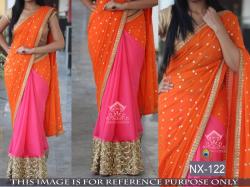 Orange Pink Georgette Embrodary Work Saree