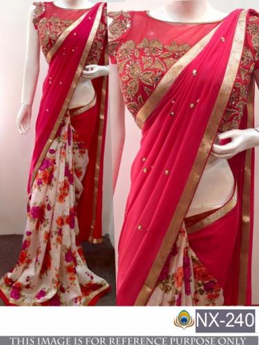 Designer Pink Multi Georgette Embrodary Work Saree