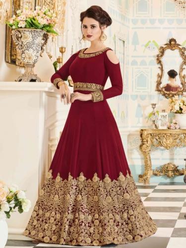 MAROON GEORGETTE ANARKALI COLD SHOULDER SUIT by S A Fashion Hub