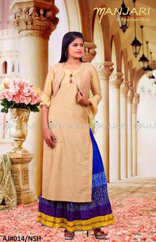 Beige Color Kurti With Jute Koti