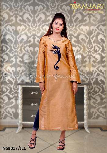 Beige Silk Kurti With Jute style Patchwork by Manjari A Fashion Hub