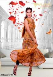 Brown Printed Georgette Sleeveless Frock