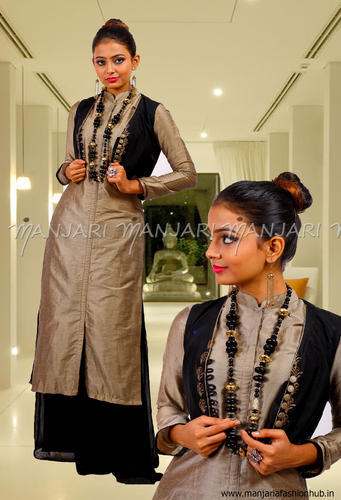 Grey Kurta With Block Print Koti