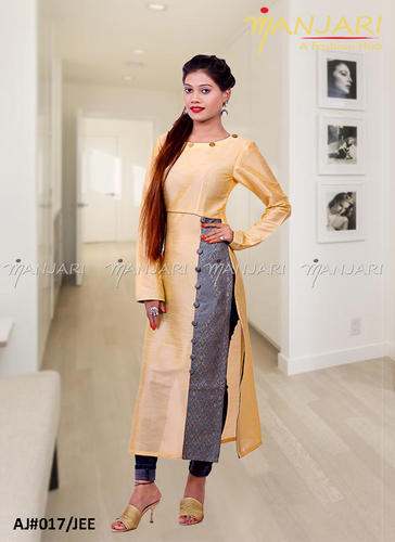 Khadi Silk Kurti With Front Grey Brocate Border by Manjari A Fashion Hub