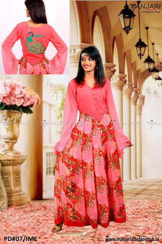 Pink Shaded & Printed Georgette Frock