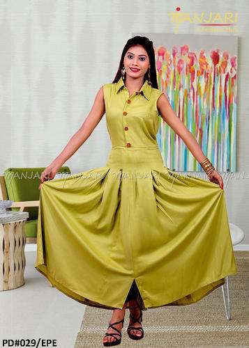 Pista Green Color Sleeveless Frock kurti