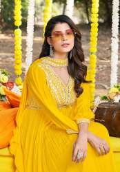 SHRUTI SUIT Present Haldi Yellow Viscose Suit 
