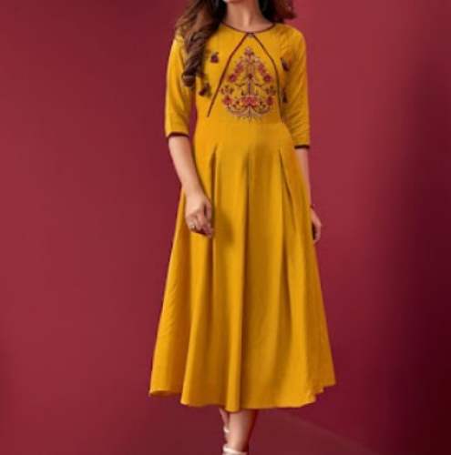 Flared Mustard Yellow Long Kurti For Women by Bhakti Kala Creation