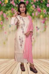 Cream Muslin Designer Kurti with Chiffon Dupatta