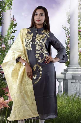 Grey Chanderi Silk Kurti With Banarasi Dupatta by Ruchika Synthetics