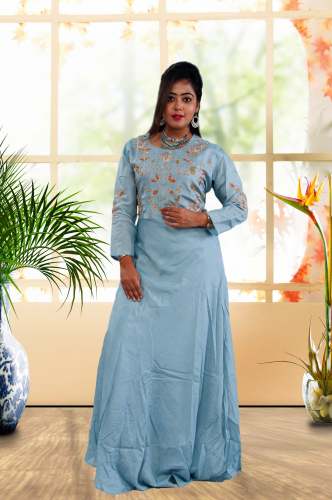 Sky Blue Muslin Silk Handwork Designer Gown by Ruchika Synthetics