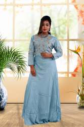 Sky Blue Muslin Silk Handwork Designer Gown
