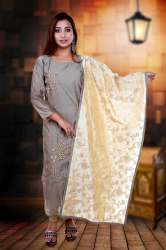 Tussar Mulin Silk Handwork Kurti with Dupatta