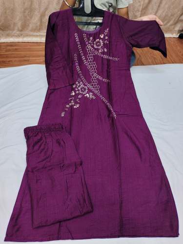 Wine-Dolla-Silk-Handwork-Kurti-with-Pant by Ruchika Synthetics