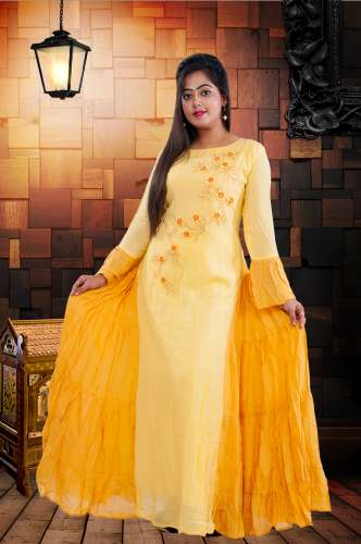 Yellow Muslin Party wear Gown with handwork 