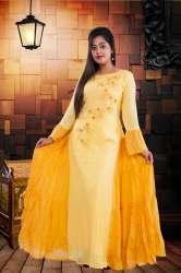 Yellow Muslin Party wear Gown with handwork 