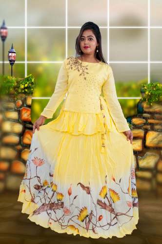 Yellow Muslin Silk kurti with Hand Paint skirt