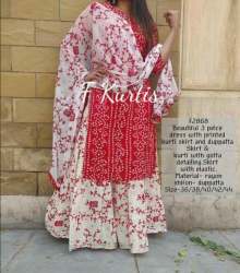 Cotton Bandhej Kurti With Skirt And Dupatta