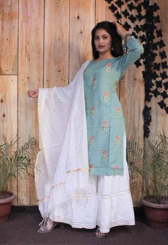 Rayon Embroidered Kurti With Sharara And Dupatta by MNC Fashion Trends
