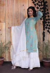 Rayon Embroidered Kurti With Sharara And Dupatta