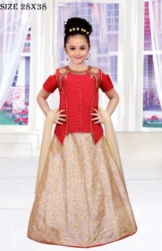 Kids Red And Cream Half Sleeve Chiffon Lehenga by Harsha Garments