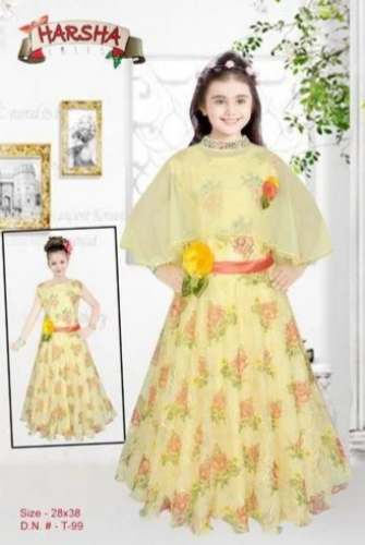 Kids Yellow Printed Georgette Gown By Harsha Brand by Harsha Garments