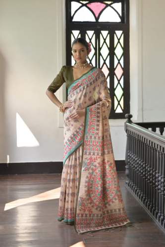 Trendi madhubani prints traditional Tussar silk saree 
