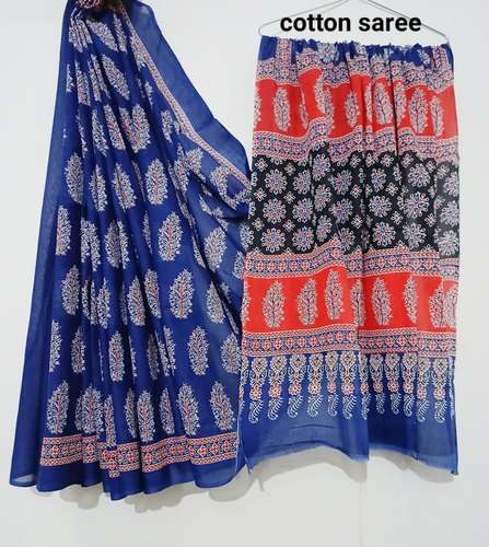 Indigo Print Chanderi Cotton Saree by Jaipur Cotton Craft