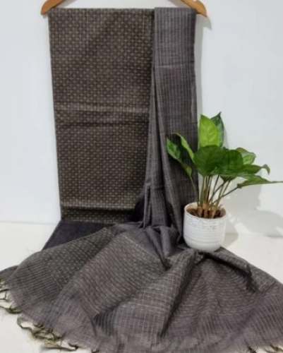 Grey Handloom Jute Silk Suit With Kantha Stitch Dress Material by n fabrics 